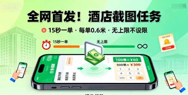 全网首发!酒店截图任务,15秒一单,每单0.6米,任务无上限不设限,矩阵操作单日3张到手【揭秘】-大可网创