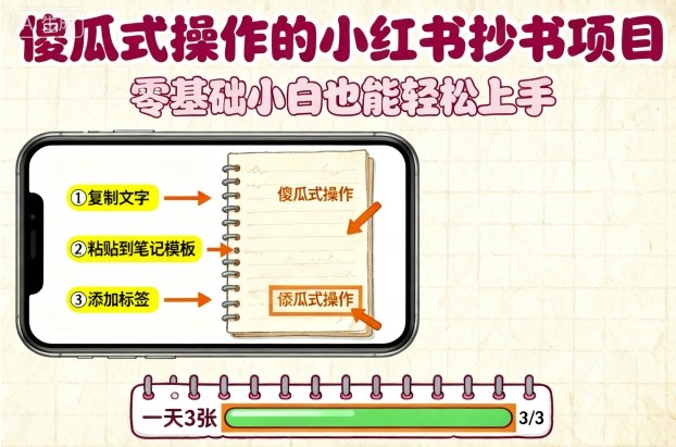 傻瓜式操作的小红书抄书项目,会复制粘贴就行,零基础小白也能一天3张-大可网创