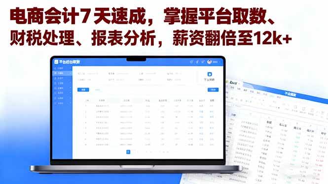 (16192期)电商会计7天速成,掌握平台取数、财税处理、报表分析,薪资翻倍至12k+-大可网创