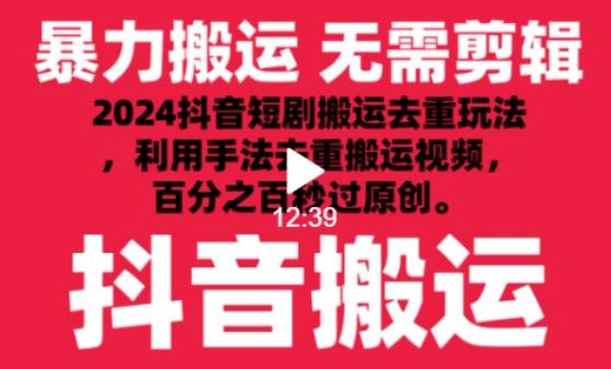 2024最新抖音搬运技术，抖音短剧视频去重，手法搬运，利用工具去重，达到秒过原创的效果【揭秘】-大可网创