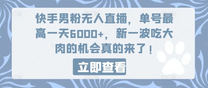 快手男粉无人直播，单号最高一天6000+，新一波吃大肉的机会真的来了-大可网创