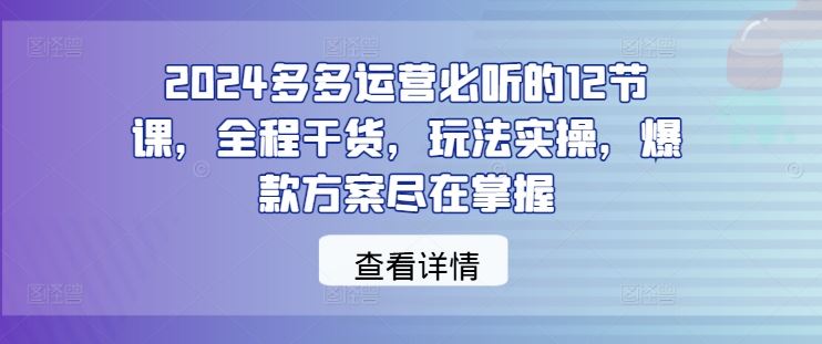 2024多多运营必听的12节课，全程干货，玩法实操，爆款方案尽在掌握-大可网创