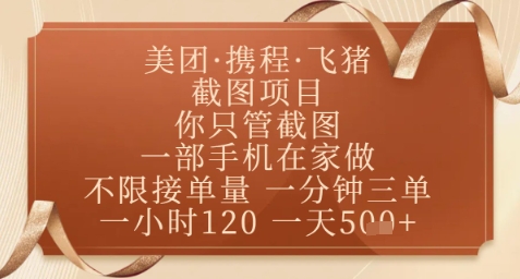 飞猪美团截图项目，你只管截图，一部手机在家做，正规平台无套路，一天5张+【揭秘】-大可网创