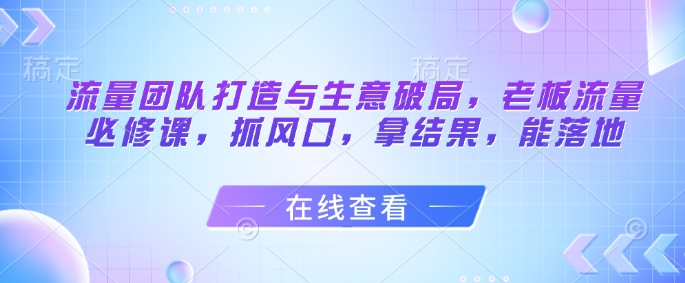 流量团队打造与生意破局，老板流量必修课，抓风口，拿结果，能落地-大可网创