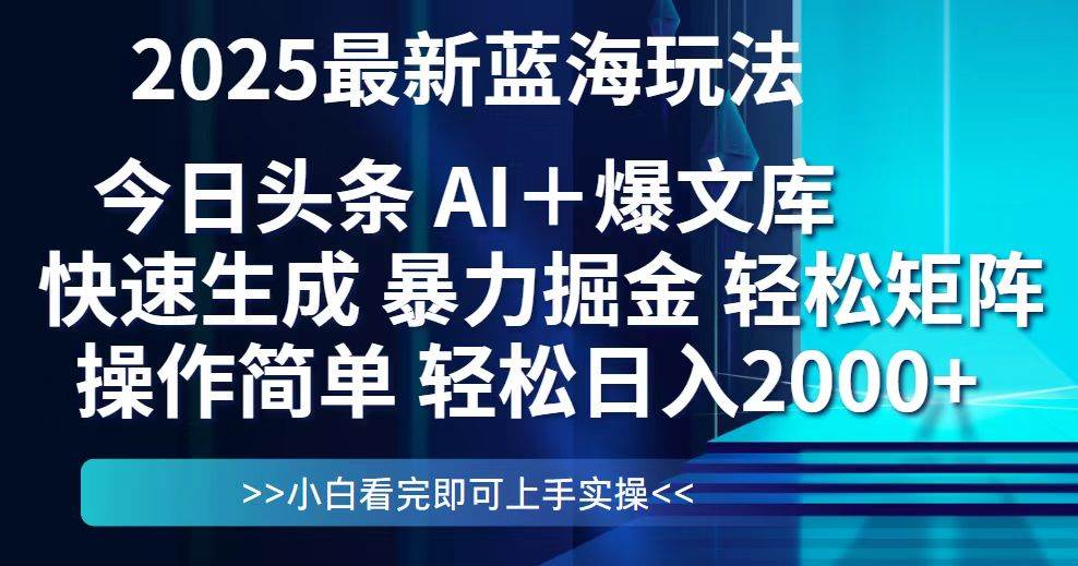 （14805期）今日头条2025最新蓝海玩法，思路简单，复制粘贴，轻松实现矩阵日入2000+-大可网创