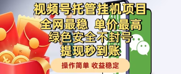 视频号托管挂G项目全网最稳，单价最高，绿色安全不封号提现秒到账，操作简单，收益稳定【揭秘】-大可网创