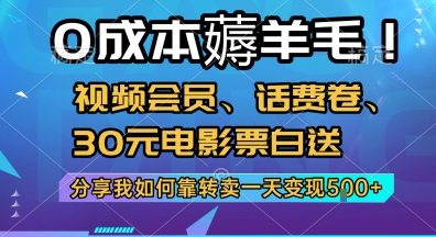 0成本薅羊毛!视频会员、话费卷、30元电影票白送，分享我如何靠转卖一天变现5张+【揭秘】-大可网创