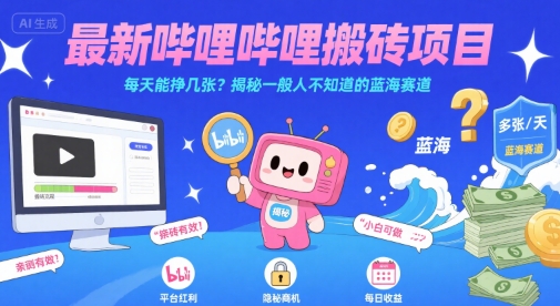 最新哔哩哔哩上B站搬砖项目，每天能挣几张？揭秘一般人不知道的蓝海赛道-大可网创