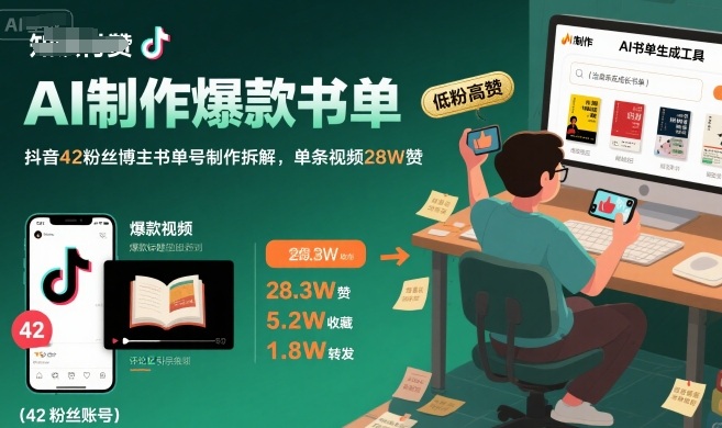 AI制作爆款书单，抖音42粉丝博主书单号制作拆解，单条视频28W赞-大可网创
