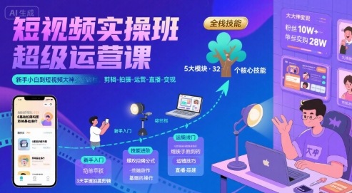 短视频实操班超级运营课，新手小白到短视频大神必修课程，剪辑-拍摄-运营-直播-变现-大可网创