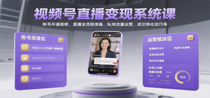 视频号直播变现系统课，账号开通装修、直播全流程准备、私域流量运营、成交转化技巧等-大可网创