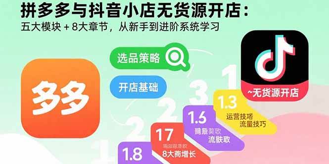 （15805期）拼多多与抖音小店无货源开店：五大模块+8大章节，从新手到进阶系统学习-大可网创