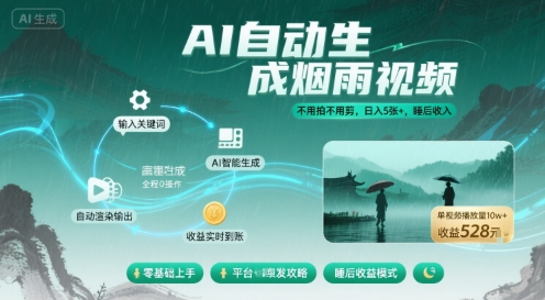 不用拍不用剪！AI自动生成烟雨视频，日入5张+，睡后收入-大可网创