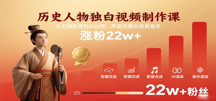 历史人物独白视频制作课，从剪辑配音到AI出图，声音克隆与背景音乐，涨粉22w+-大可网创