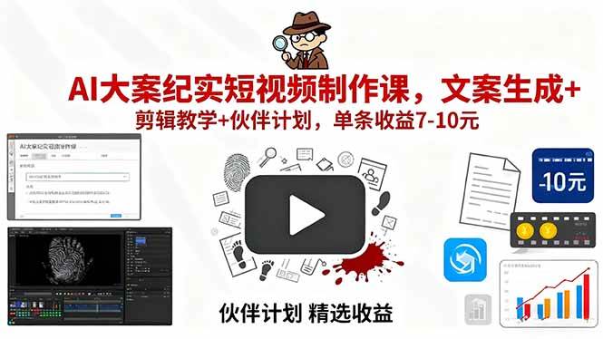 （15992期）AI大案纪实短视频制作课，文案生成+剪辑教学+伙伴计划，单条收益7-10元-大可网创