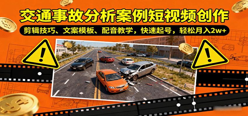 交通事故分析案例短视频创作，剪辑技巧、文案模板、配音教学，快速起号，轻松月入2w+-大可网创