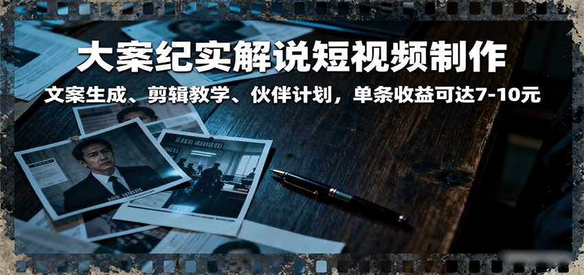 大案纪实解说短视频制作，文案生成、剪辑教学、伙伴计划，单条收益可达7-10元-大可网创