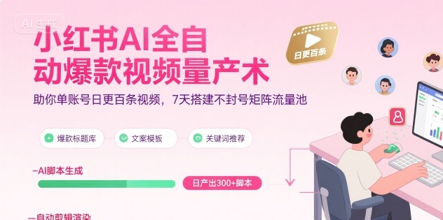 小红书AI全自动爆款视频量产术，助你单账号日更百条视频，7天搭建不封号矩阵流量池（更新9月）-大可网创