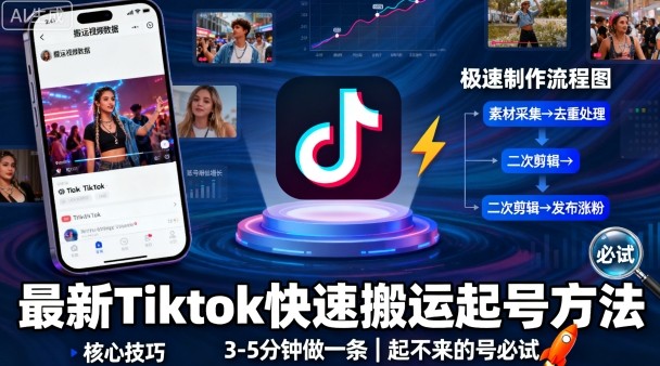 最新Tiktok快速搬运快速起号方法，3-5分钟做一条，起不来的号可以试试-大可网创