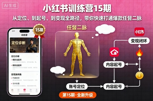 小红书训练营15期，从定位、到起号、到变现全路径，带你快速打通爆款任督二脉-大可网创