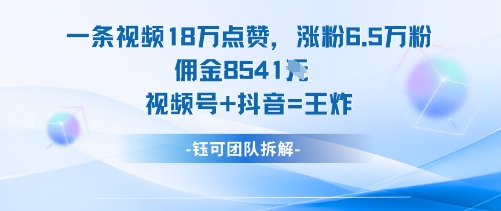 一条视频18W点赞，涨粉6.5W粉佣金8541米，视频号+抖音=王炸-大可网创